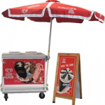 Ice Cream Vending Cart with Umbrella and Sign