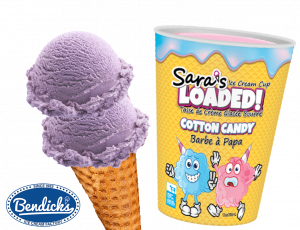 Bendicks ube macapuno 5.7L premium ice cream and sara's loaded cotton candy cups from transcold distribution