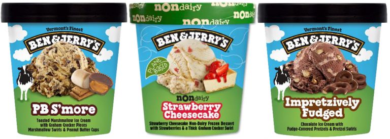 ben and jerrys non dairy strawberry cheesecake and impretzively fudged and peanut butter smore ice cream from transcold distribution 2.4 gallon tubs